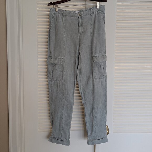 Nicole Miller Linen Blend Cargo Pants Size M Weathered Sage Green Cuffed MidRise - Picture 1 of 8